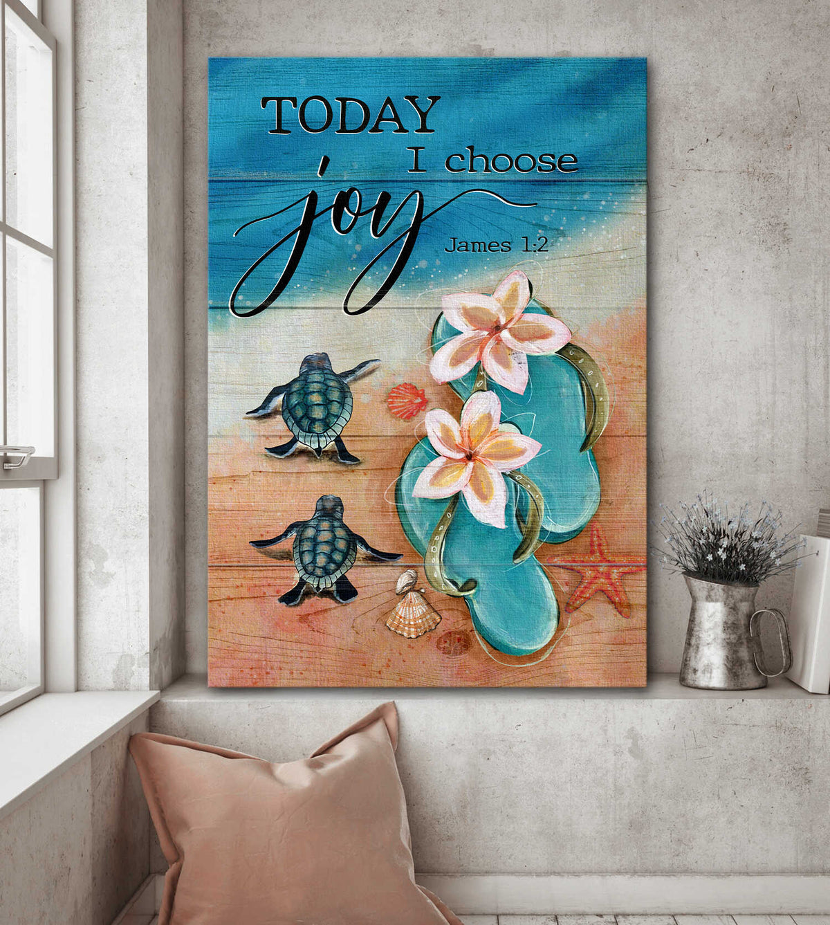 Turtle, Sandals, On the beach, Today I choose joy - Jesus Portrait Canvas Prints, Wall Art