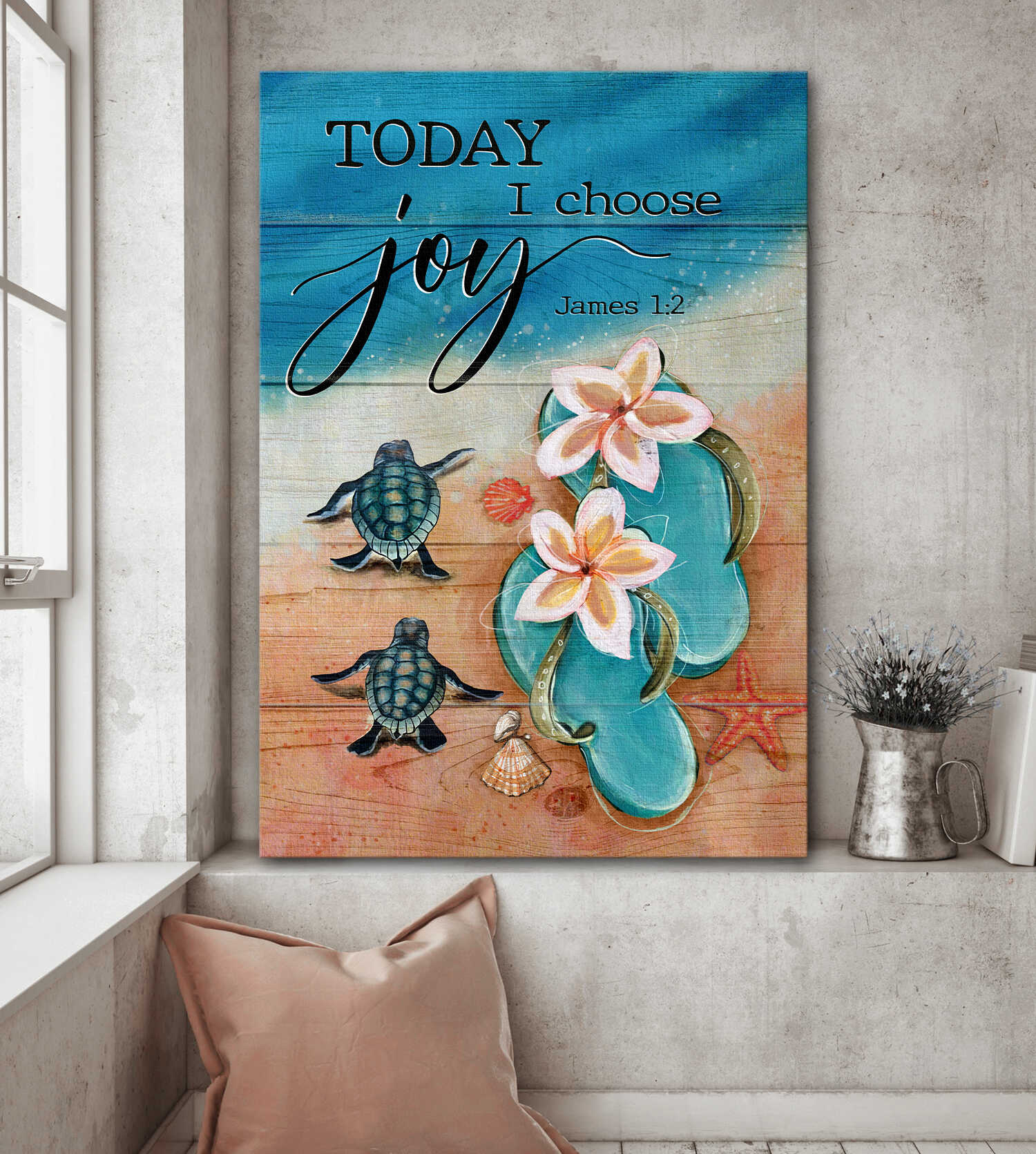 Turtle, Sandals, On the beach, Today I choose joy - Jesus Portrait Canvas Prints, Wall Art