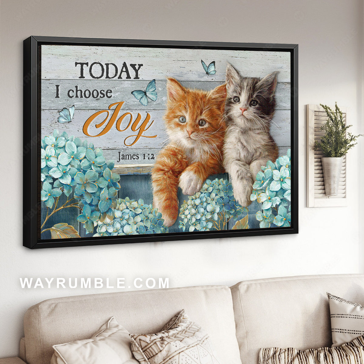 Little cat painting, Blue hydrangea garden, Today I choose joy - Jesus Landscape Canvas Prints, Christian Wall Art