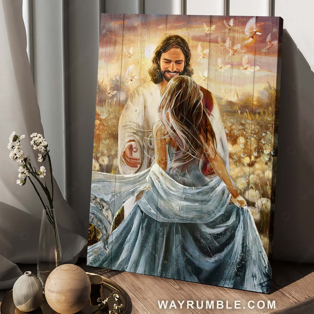 Dandelion field, Beautiful sunset, Holy spirit dove, Running into Jesus arms - Jesus Portrait Canvas Prints, Christian Wall Art