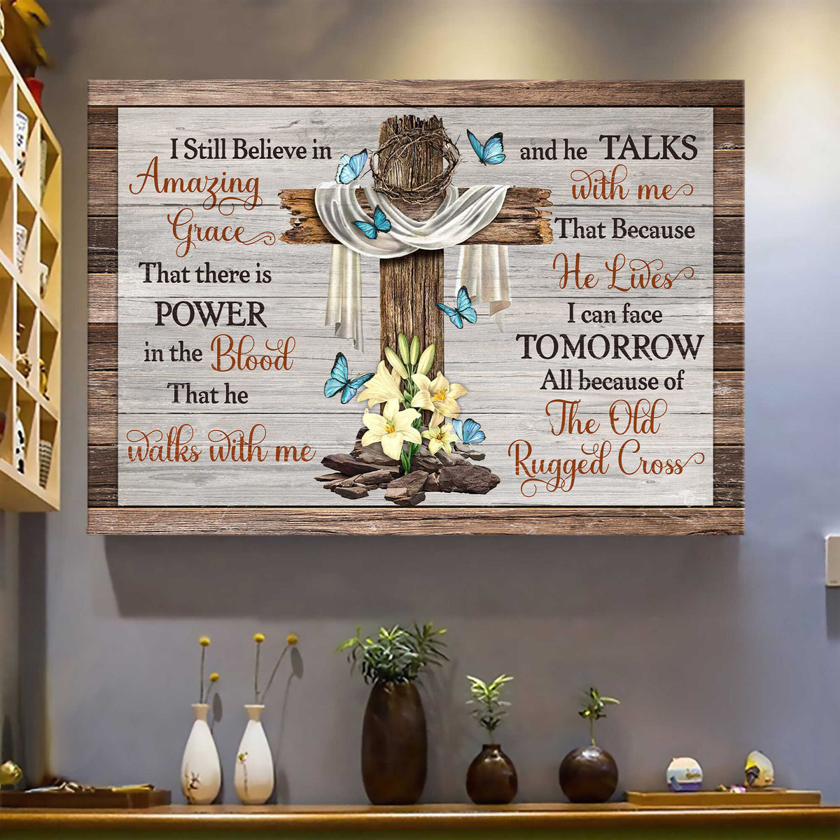 The cross, Lily, Butterfly, I still believe in amazing grace - Jesus Landscape Canvas Prints, Wall Art