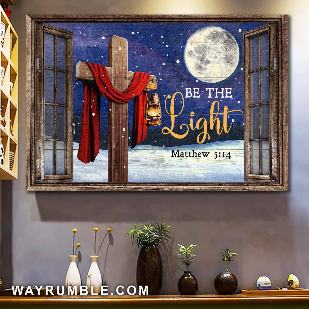 Cross, Oil Lamp, Full Moon, Be the light - Jesus, Window Frame Landscape Canvas Prints, Wall Art