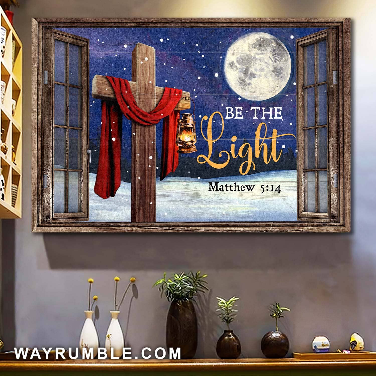Cross, Oil Lamp, Full Moon, Be the light - Jesus, Window Frame Landscape Canvas Prints, Wall Art