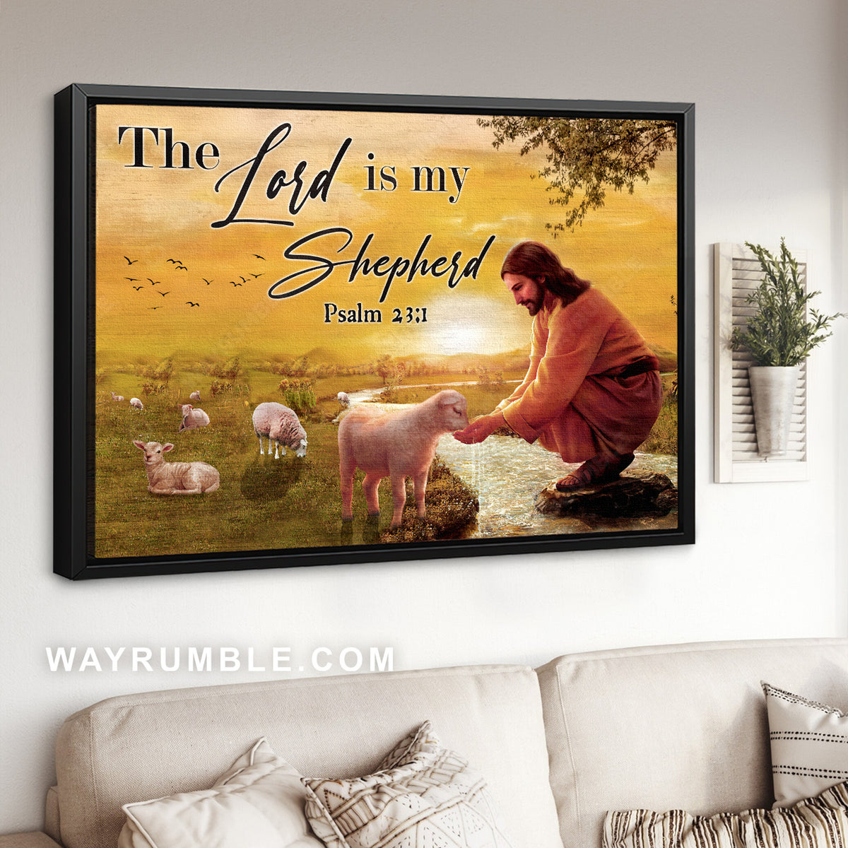 Jesus with Lamb, Happy farm, Stunning sunset, The Lord is my shepherd - Jesus Landscape Canvas Prints, Christian Wall Art
