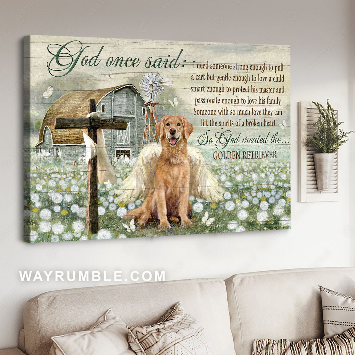 Golden Retriever, Dandelion field, Rustic farmhouse, God once said - Jesus Landscape Canvas Prints, Home Decor Wall Art