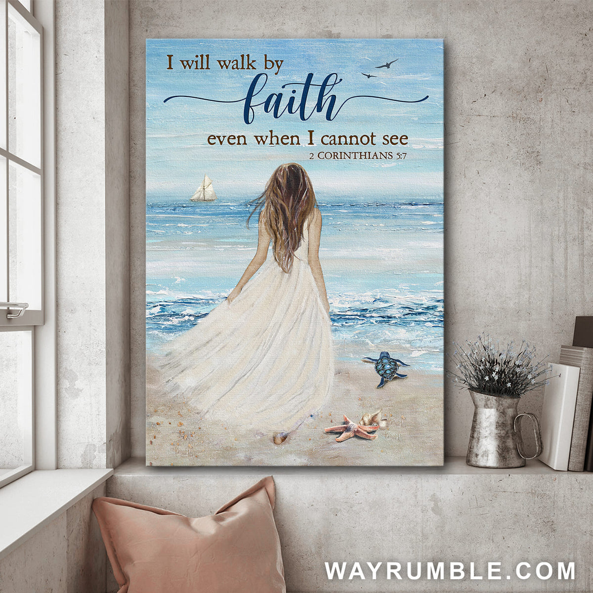 Jesus, Beach, Beautiful girl - I will walk by faith even when I cannot see Portrait Canvas Prints, Wall Art