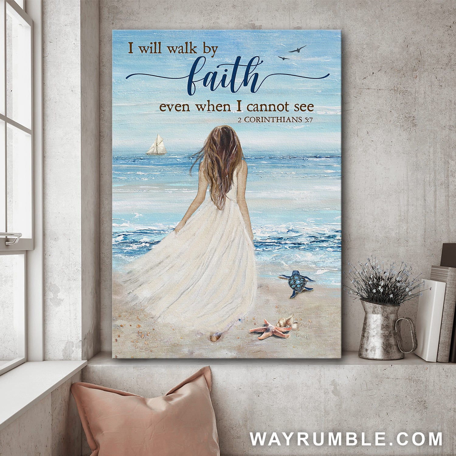Jesus, Beach, Beautiful girl - I will walk by faith even when I cannot see Portrait Canvas Prints, Wall Art