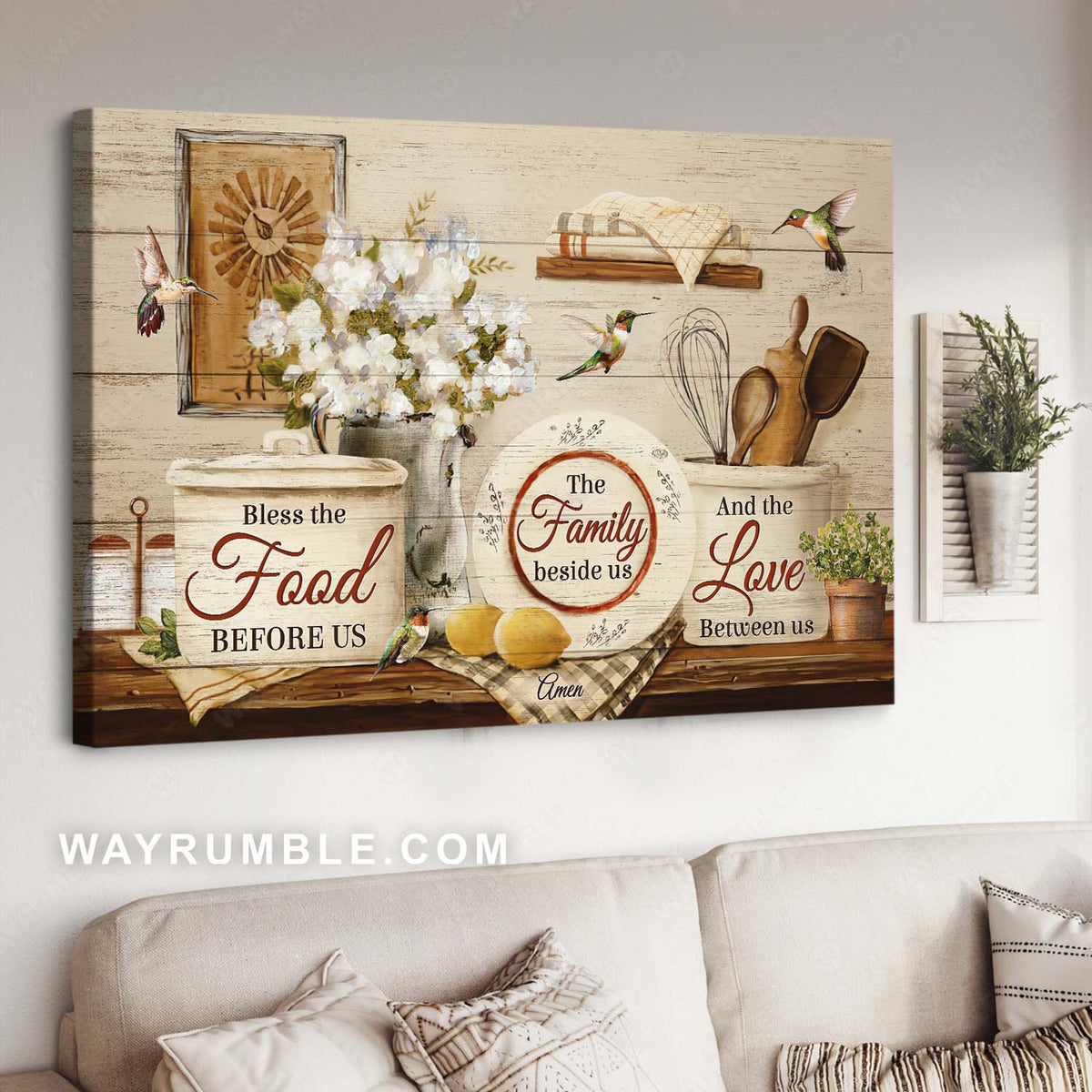 Hummingbird drawing, White flower, Rustic kitchen design, Bless the food before us - Jesus Landscape Canvas Prints, Home Decor Wall Art