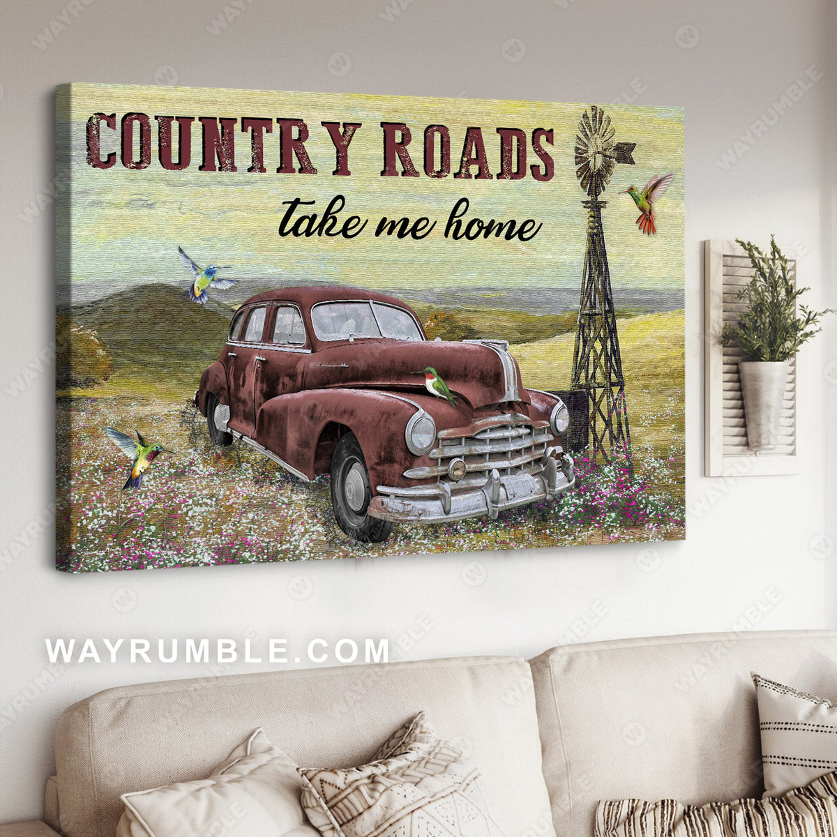 Hummingbird, Old red car, Windmill on meadow, Country roads take me home - Jesus Portrait Canvas Prints, Christian Wall Art