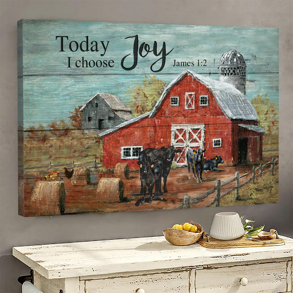 Tranquil farm, Aberdeen Angus, Red barn, Today I choose joy - Jesus Landscape Canvas Prints, Wall Art