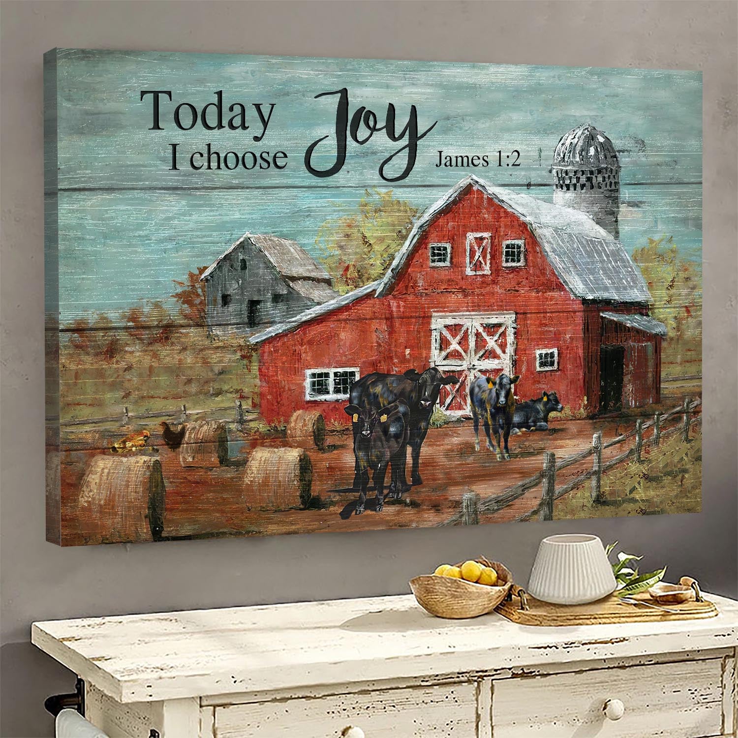 Tranquil farm, Aberdeen Angus, Red barn, Today I choose joy - Jesus Landscape Canvas Prints, Wall Art