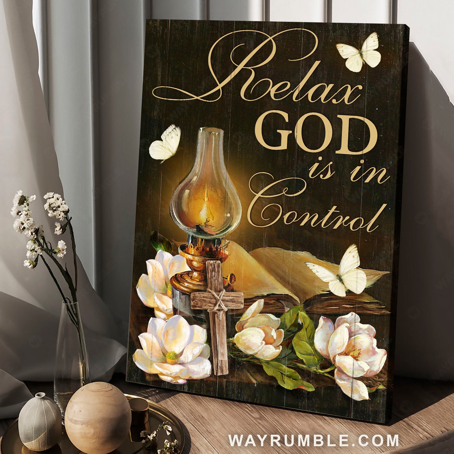 White flower painting, Wooden cross, White butterfly, Relax, God is in control - Jesus Portrait Canvas Prints, Home Decor Wall Art