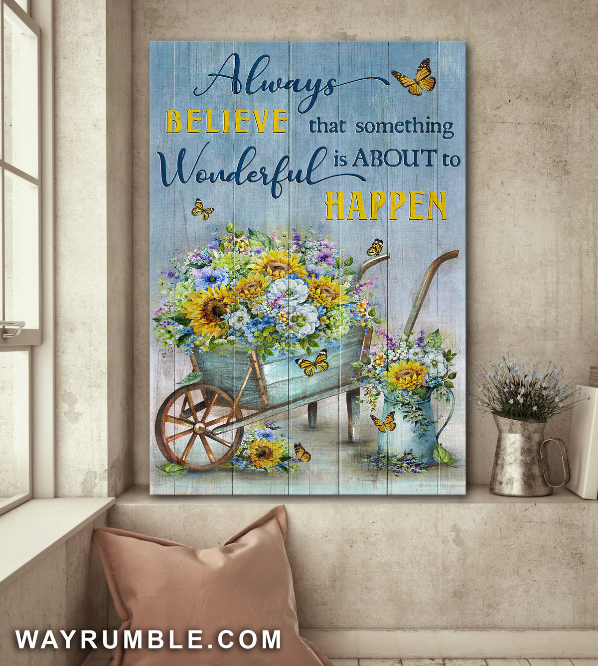 Flower Wheelbarrow, Butterfly, Always believe that something wonderful is about to happen - Jesus Portrait Canvas Prints, Wall Art