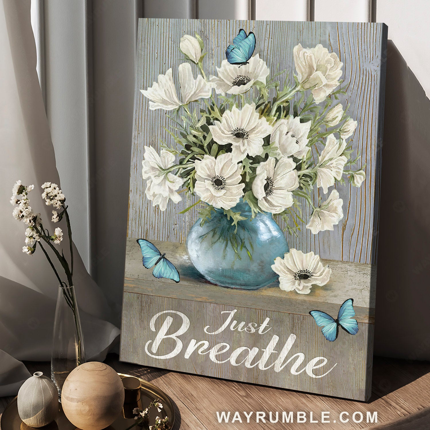 Blue butterfly, White flower painting, Lovely glass vase, Just breathe - Jesus Portrait Canvas Prints, Home Decor Wall Art