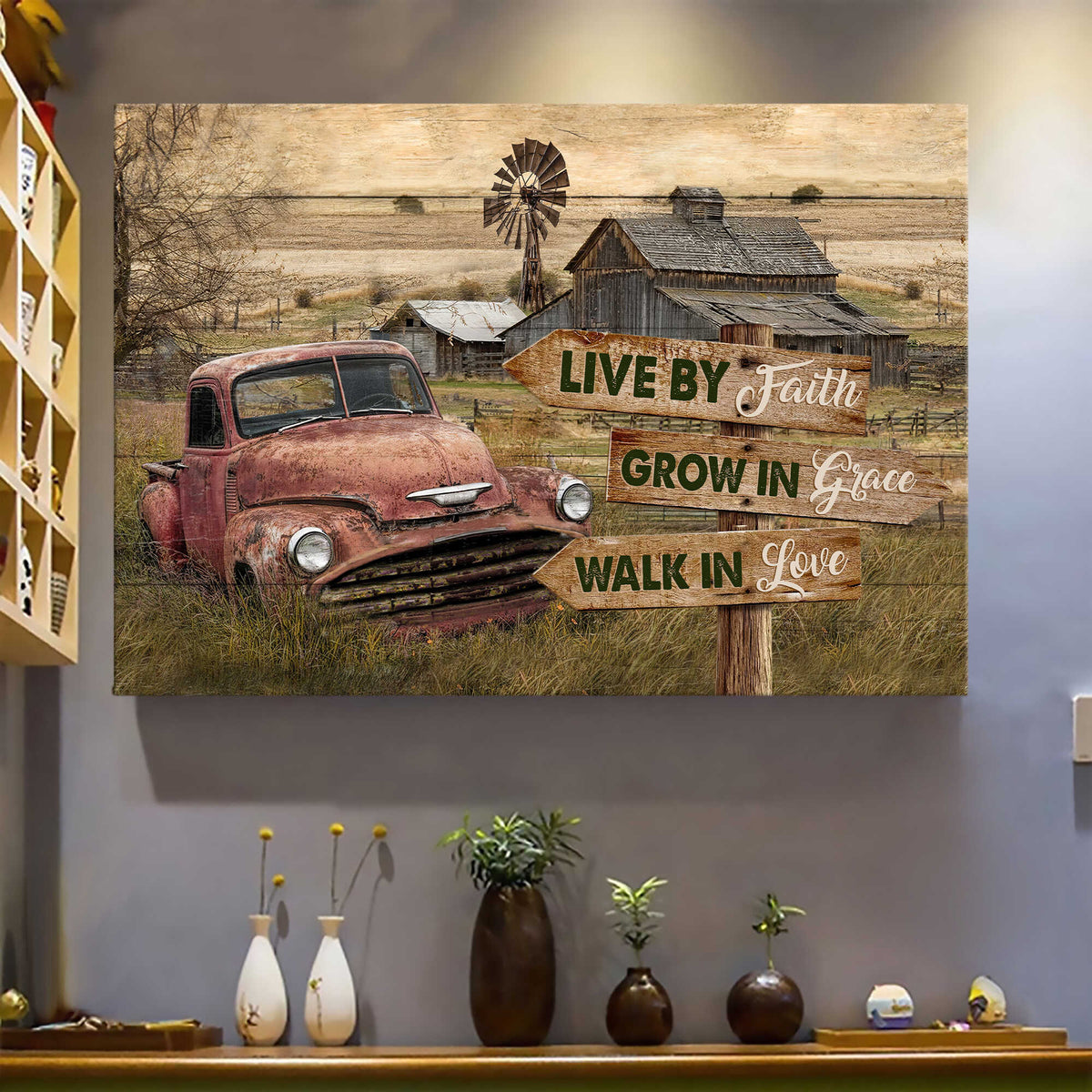 Old car, Peaceful farm, Live by faith, grow in grace , walk in love - Jesus landscape Canvas Prints, Wall Art