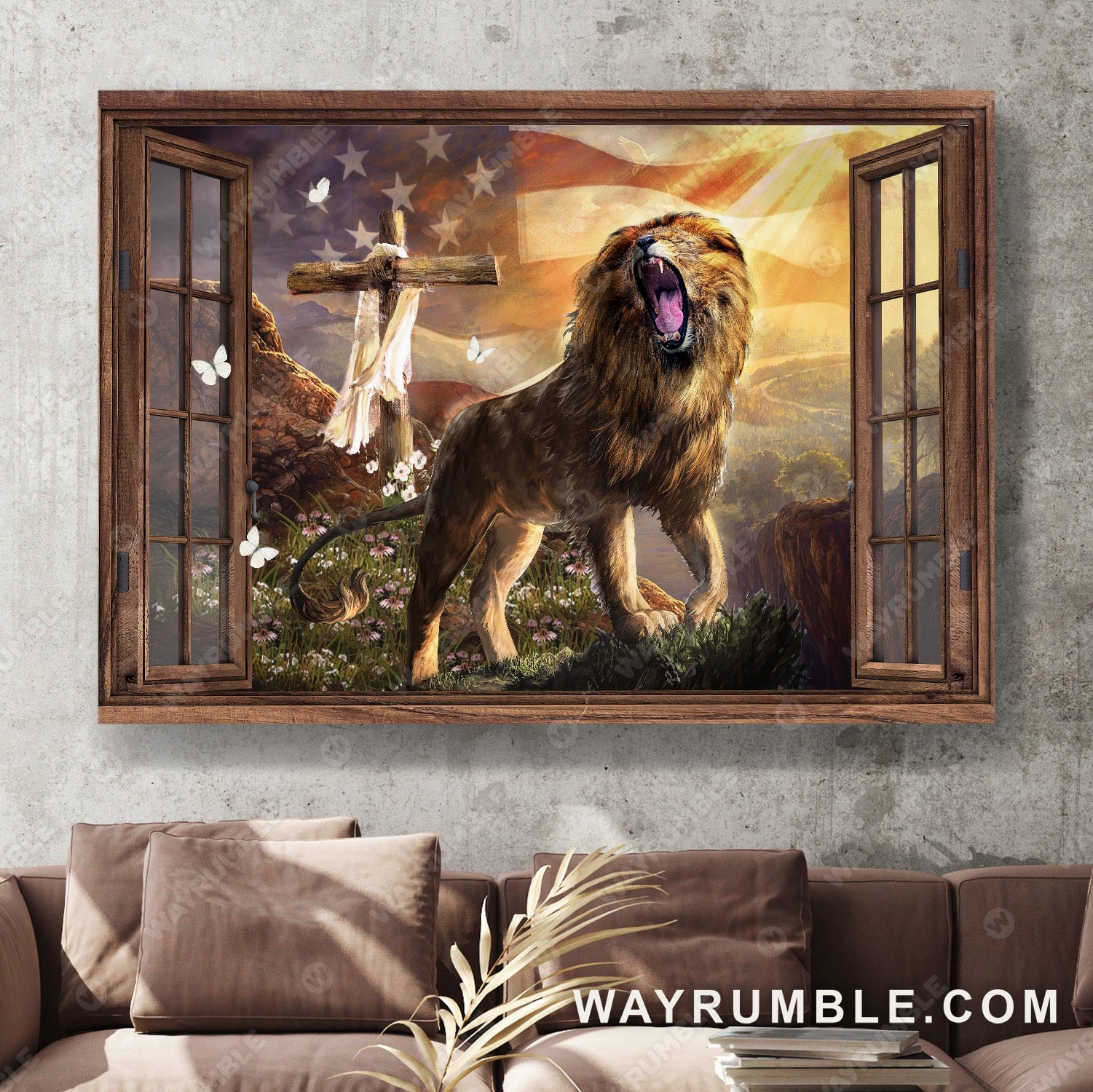 Lion of Judah, Cross, American flag, Roaring lion - Jesus Landscape Canvas Prints, Wall Art