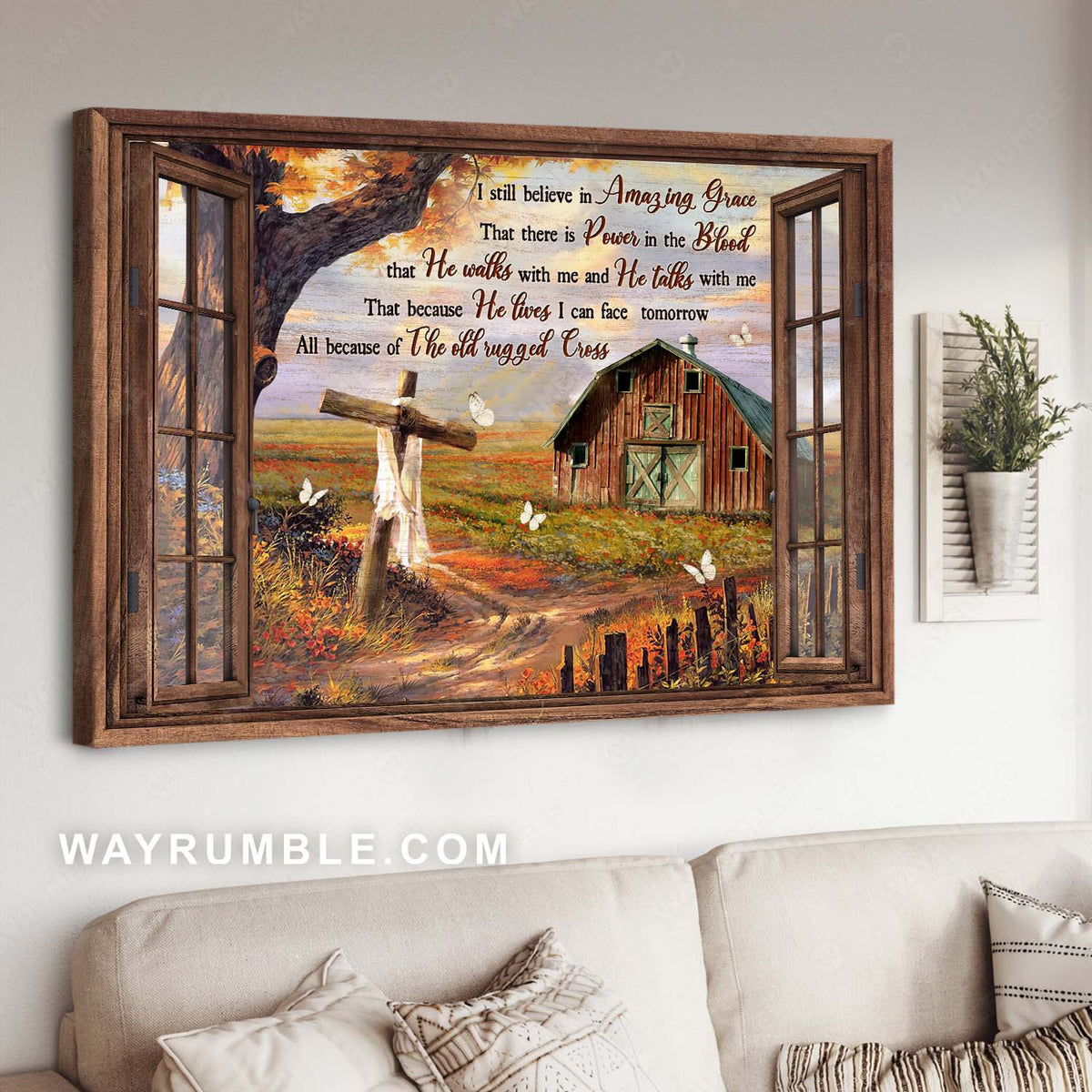 Wooden cross, Rustic farmhouse, Window frame, I still believe in amazing grace - Jesus Landscape Canvas Prints, Home Decor Wall Art