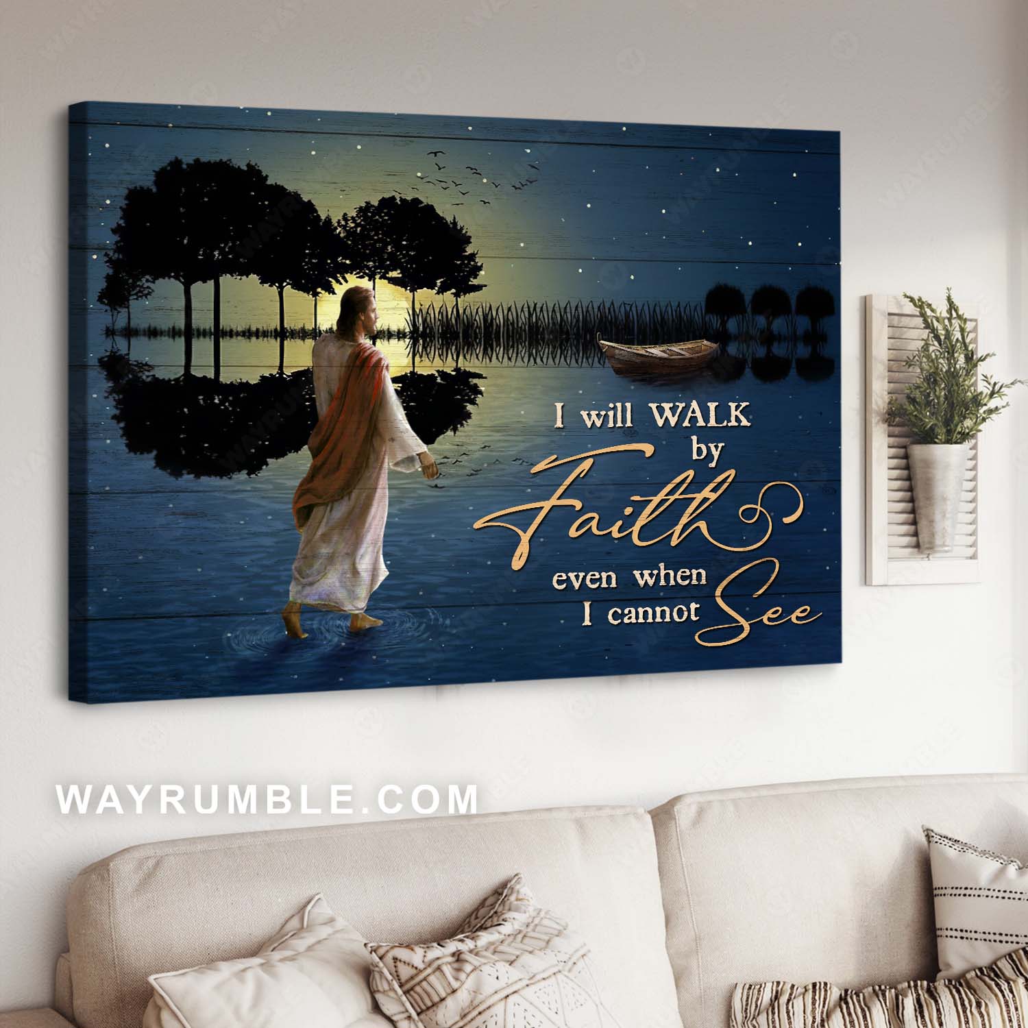 Beautiful night, Abstract river, Jesus walks on water, I will walk by faith - Jesus Landscape Canvas Prints, Christian Wall Art