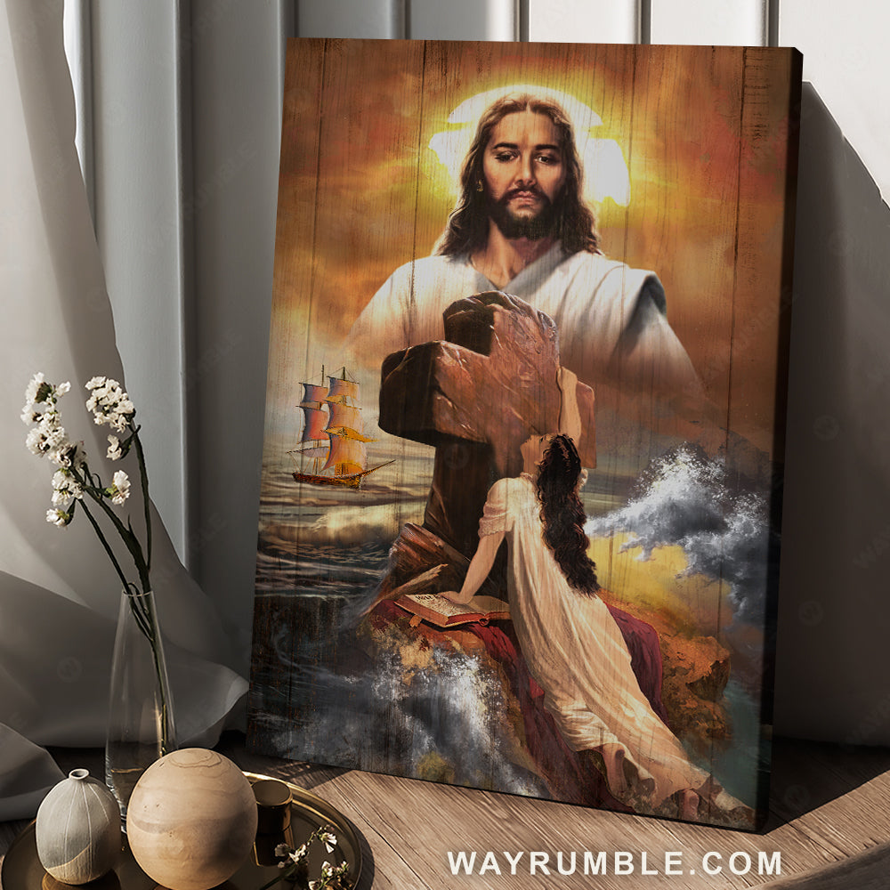 Jesus drawing, Rock cross, Little girl, Stunning storm - Jesus Portrait Canvas Prints, Christian Wall Art