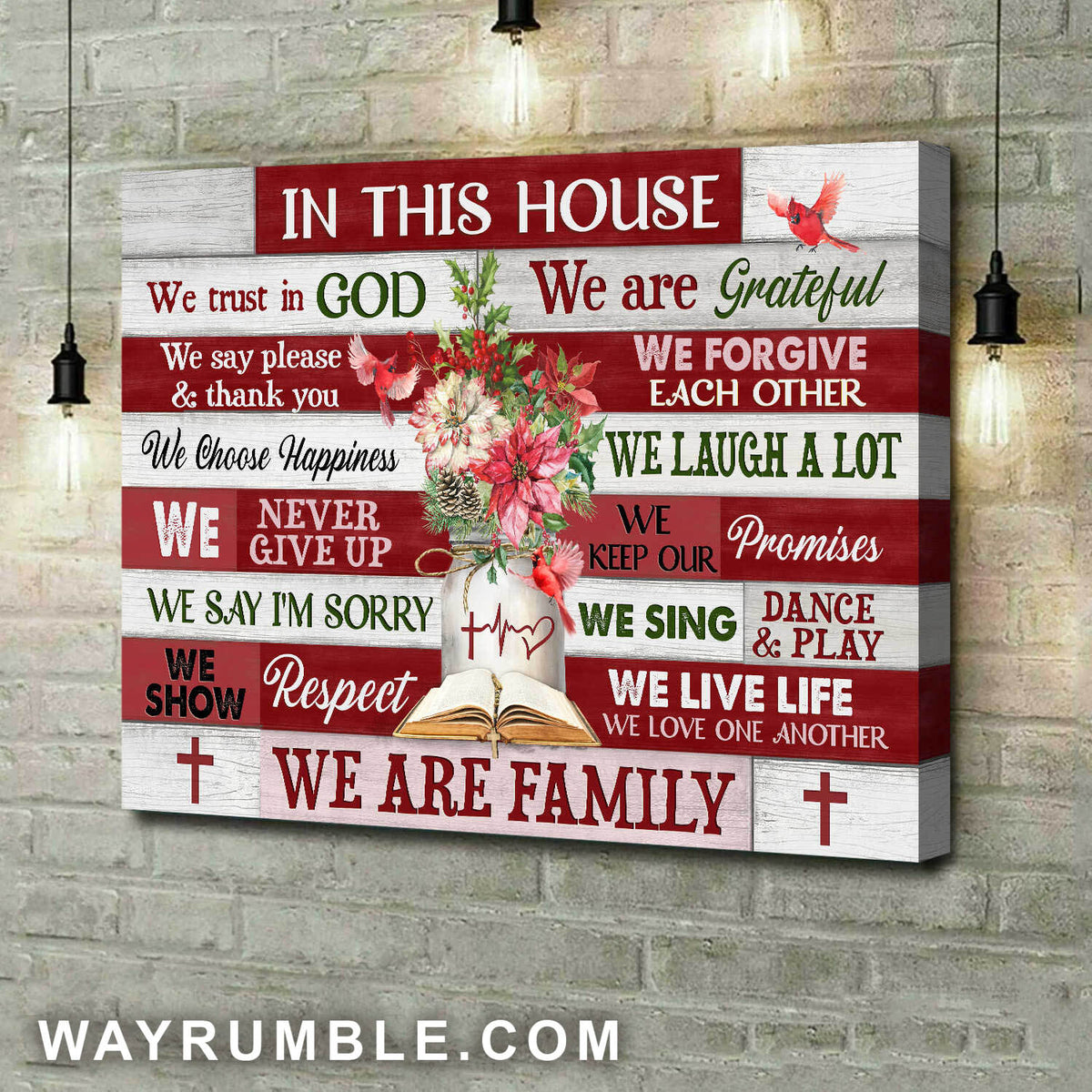 Flower mason jar, Bible, Cardinal, In this house we trust in God - Jesus Landscape Canvas Prints, Wall Art
