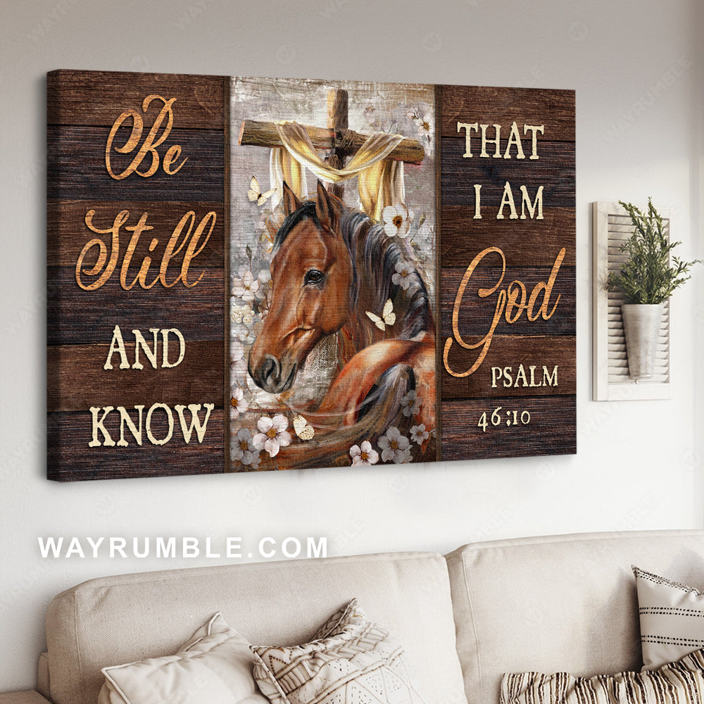 Brown horse, Cherry blossom, Wooden cross, Be still and know that I am God - Jesus Landscape Canvas Prints, Home Decor Wall Art