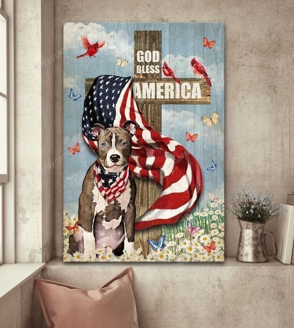 Pit bull, America Flag, Cardinal, Butterfly, Flower Field, God bless America - Pitbull Portrait Canvas Prints, Wall Art