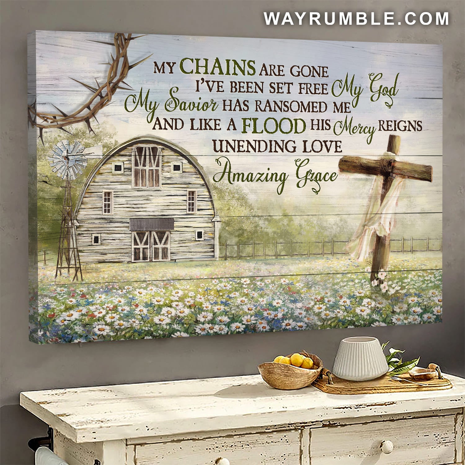 Daisy field, Wooden Cross, Tranquil farm, My chains are gone, I've been set free - Jesus Landscape Canvas Prints, Wall Art