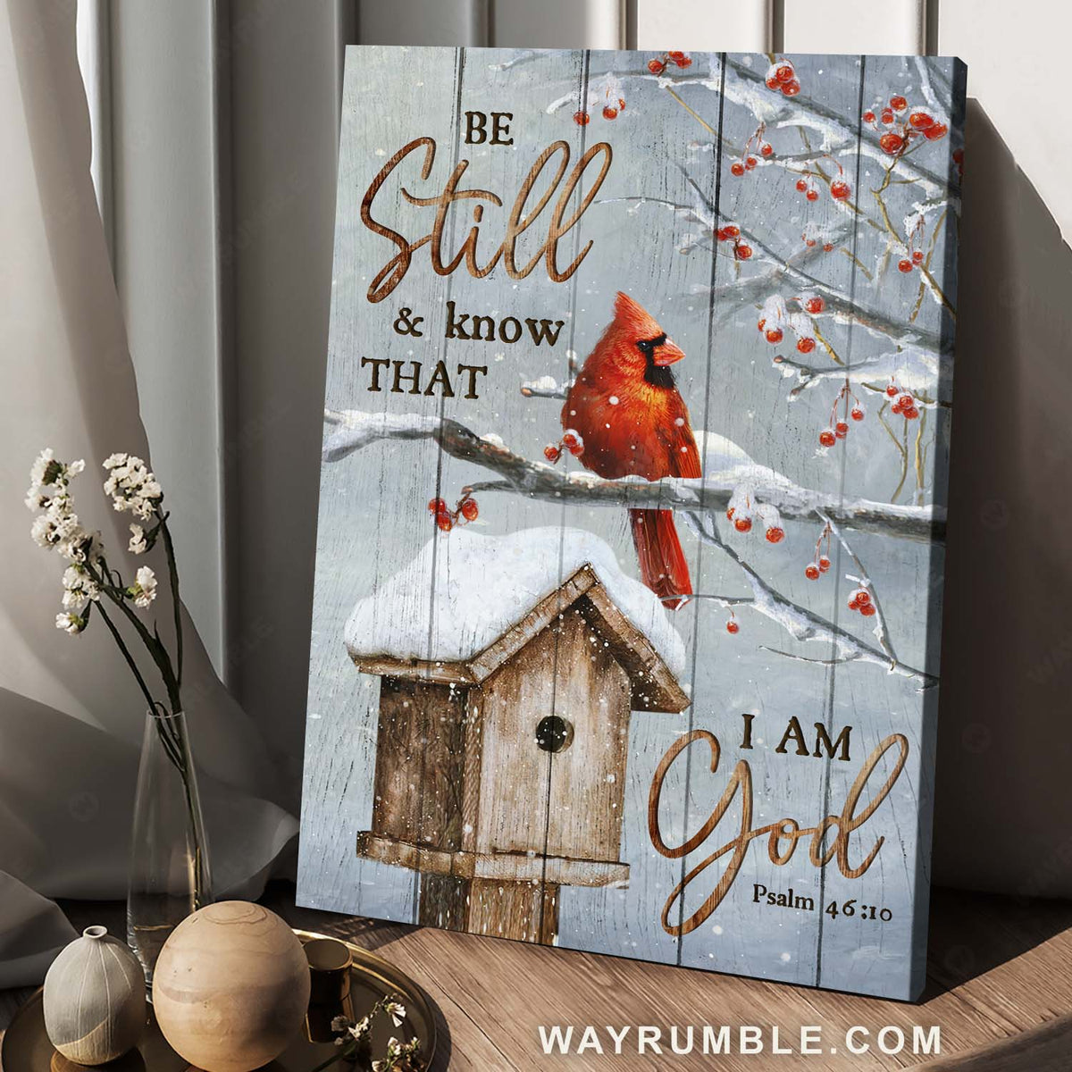 Cranberry tree, Winter season, Red cardinal, Be still &amp; know that I am God - Jesus Portrait Canvas Prints, Home Decor Wall Art