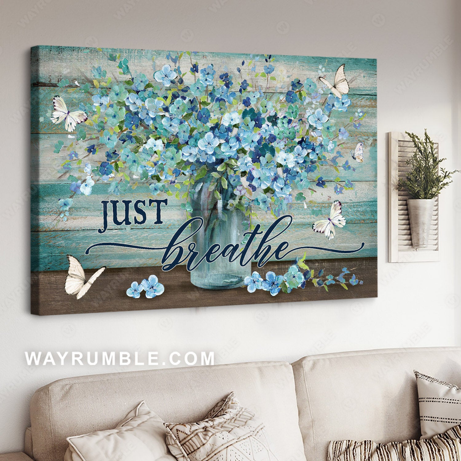 Abstract art, Watercolor blue flower, White butterfly, Just breathe - Jesus Landscape Canvas Prints, Jesus Wall Art