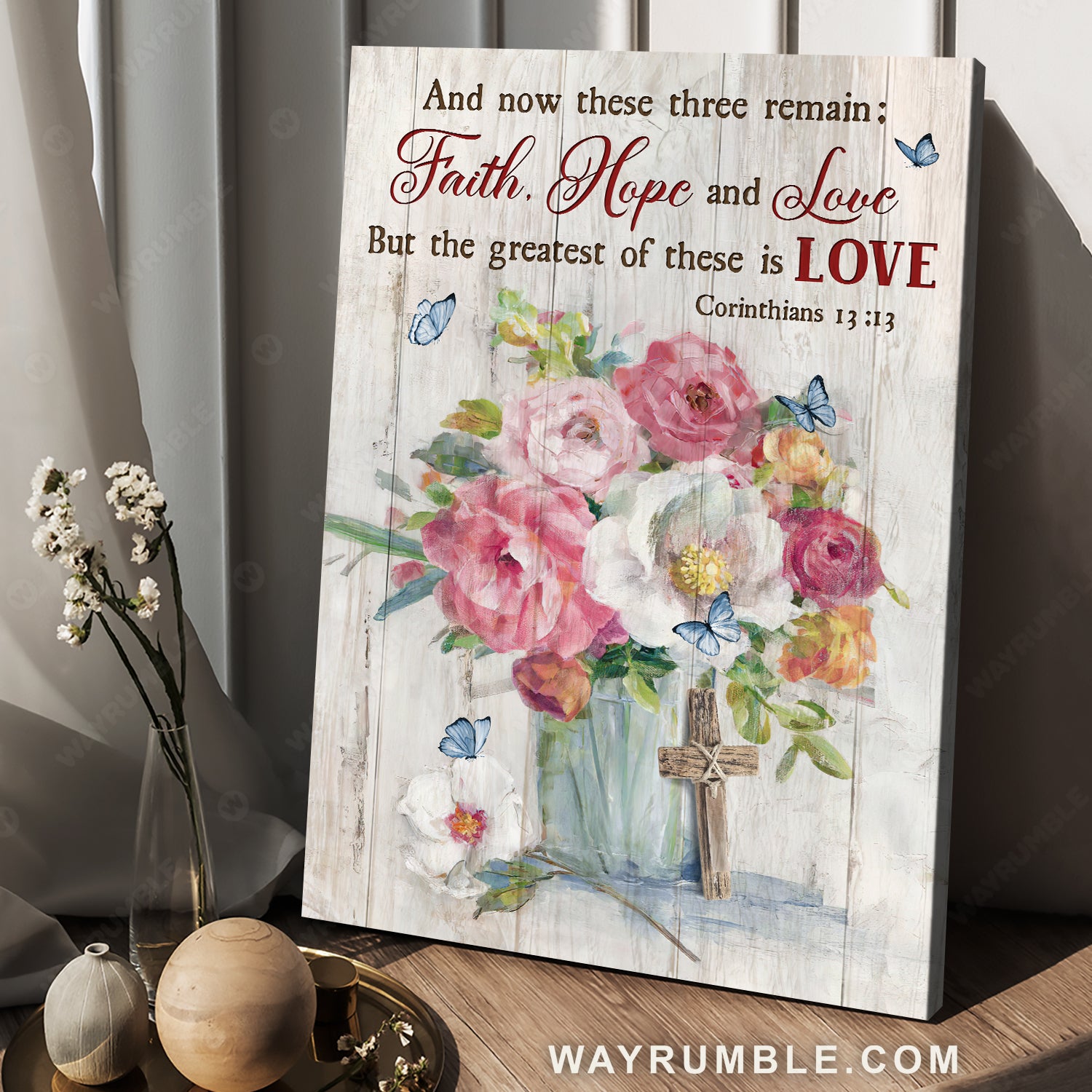 Gorgeous flower vase, Blue buttefly, Wooden cross, Faith, Hope and Love - Jesus Portrait Canvas Prints, Home Decor Wall Art