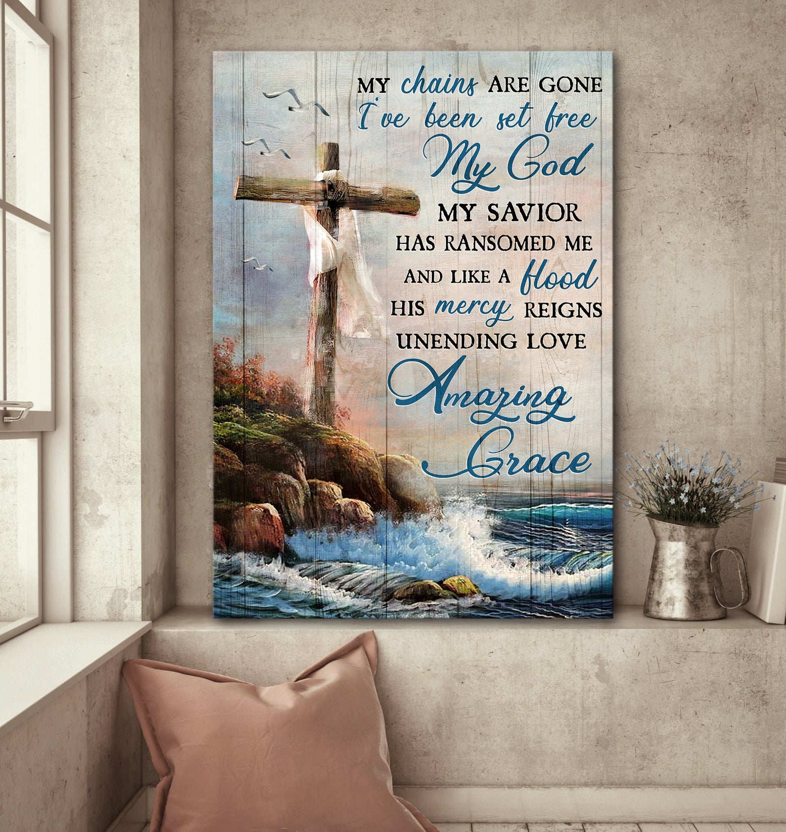 God, Cross, Sea - My chains are gone Jesus Portrait Canvas Prints, Wall Art