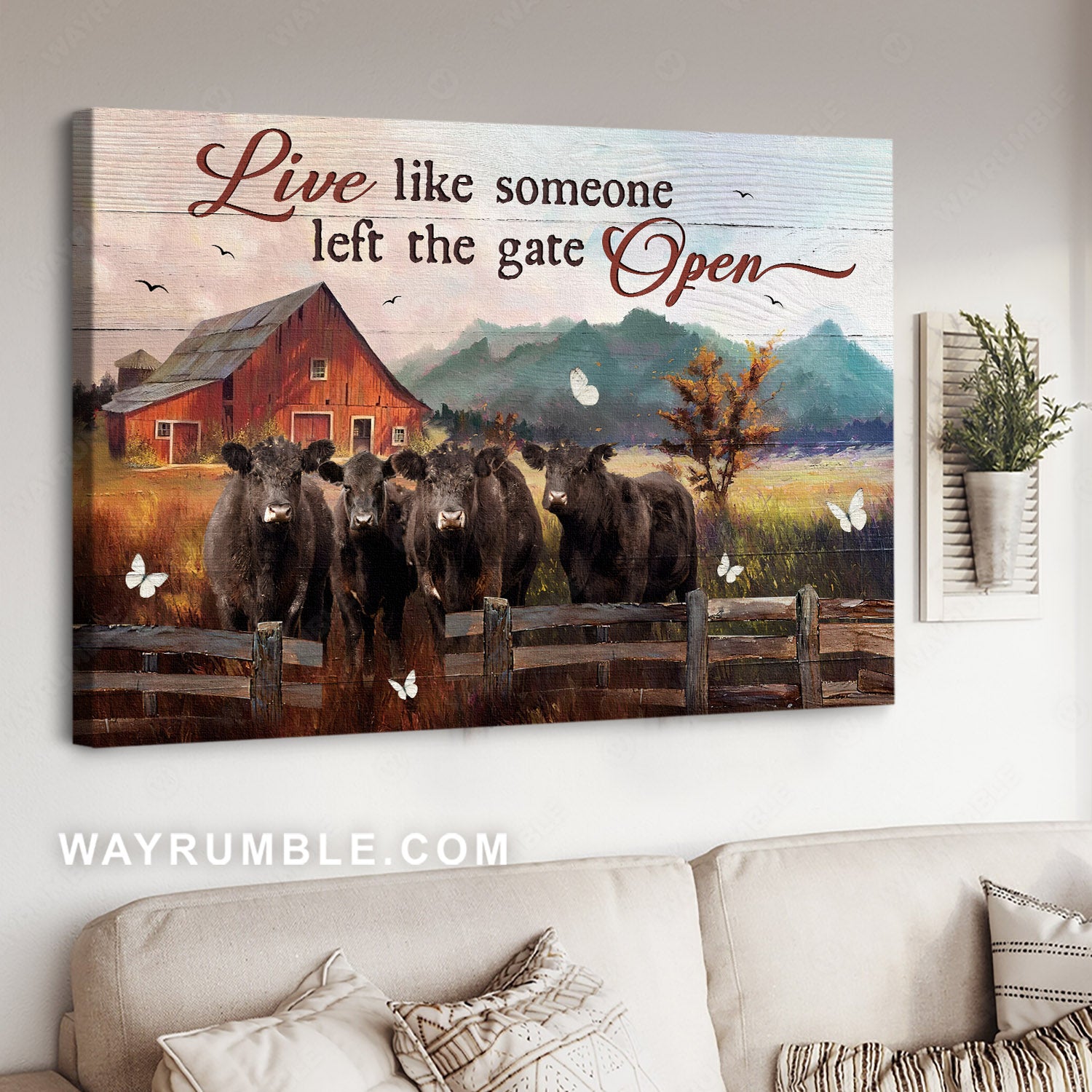 Peaceful farm, Angus cow, White butterfly, Live like someone left the gate open - Jesus Landscape Canvas Prints, Christian Wall Art