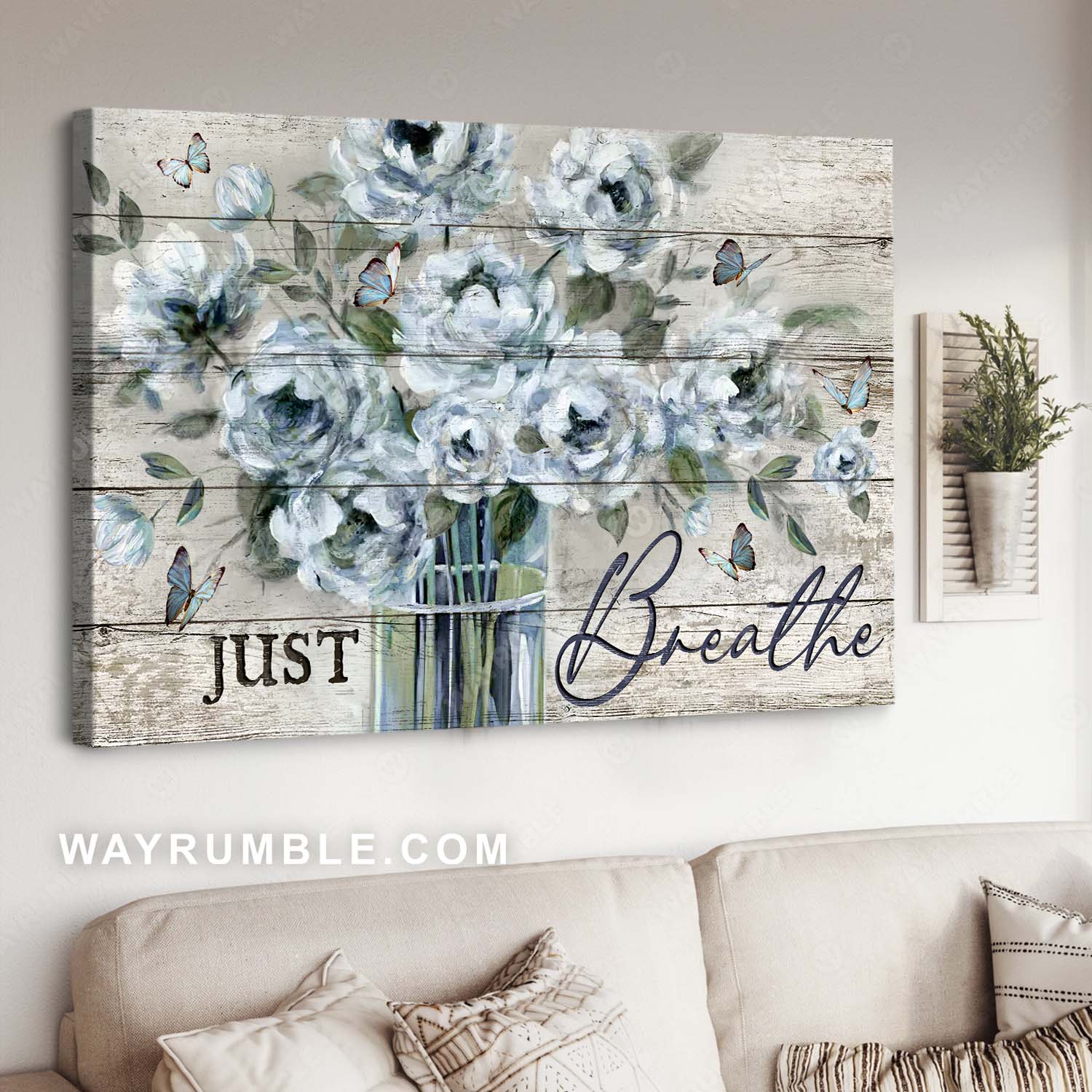 Abstract art, Flower drawing, Vintage flower vase, Blue butterfly, Just breathe - Jesus Landscape Canvas Prints, Home Decor Wall Art
