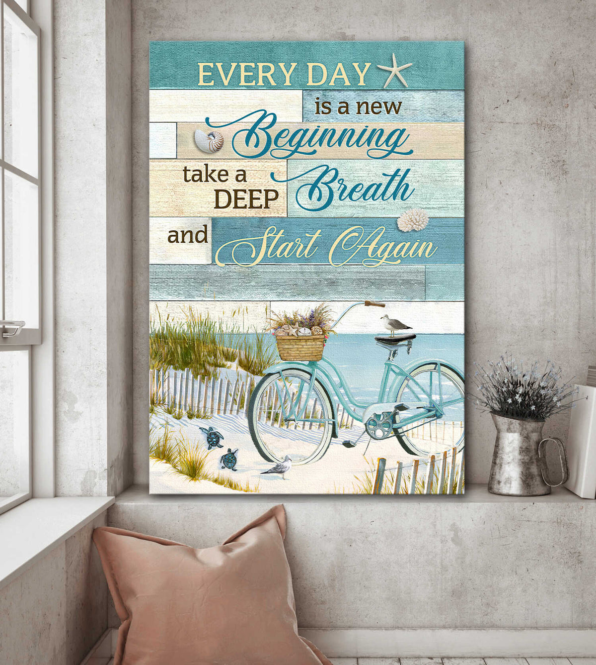 Bicycle, By the beach, Every day is a new beginning - Jesus Portrait Canvas Prints, Wall Art