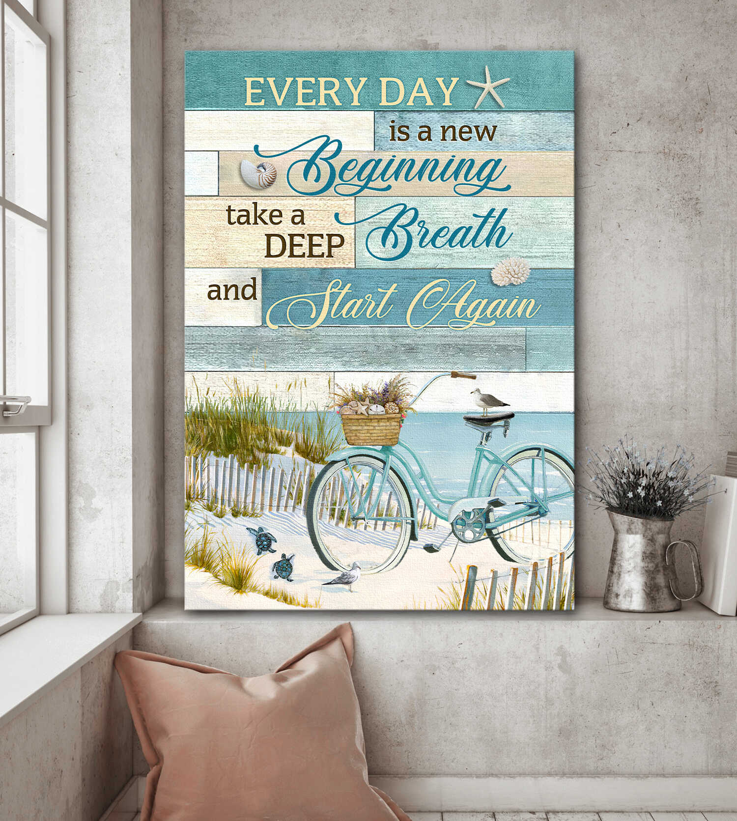 Bicycle, By the beach, Every day is a new beginning - Jesus Portrait Canvas Prints, Wall Art