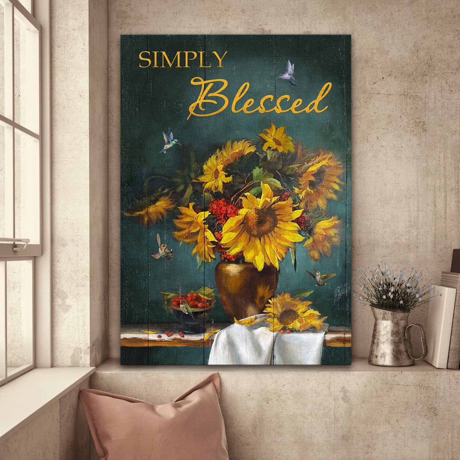Sunflower vase, Hummingbird, Still Painting, Simply blessed - Jesus Portrait Canvas Prints, Wall Art