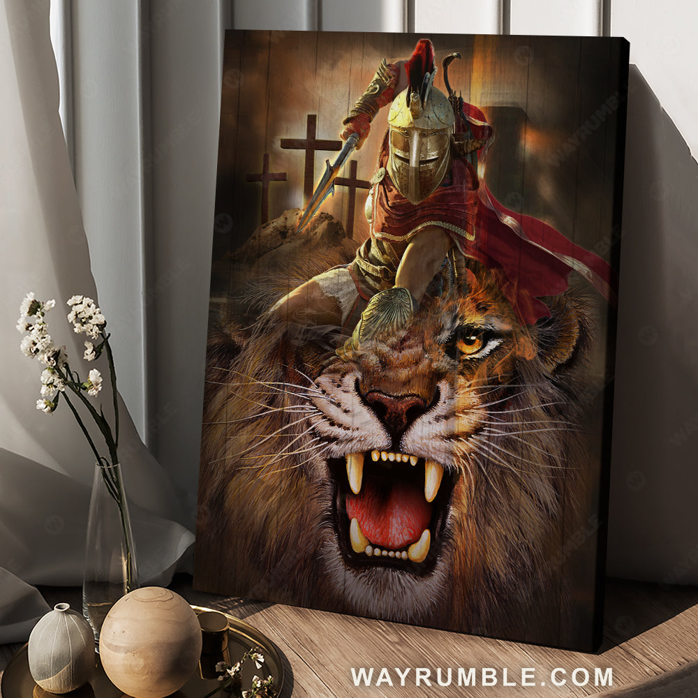 Fantastic warrior of God, Three wooden crosses, Great Lion of Judah painting - Jesus Portrait Canvas Prints, Christian Wall Art