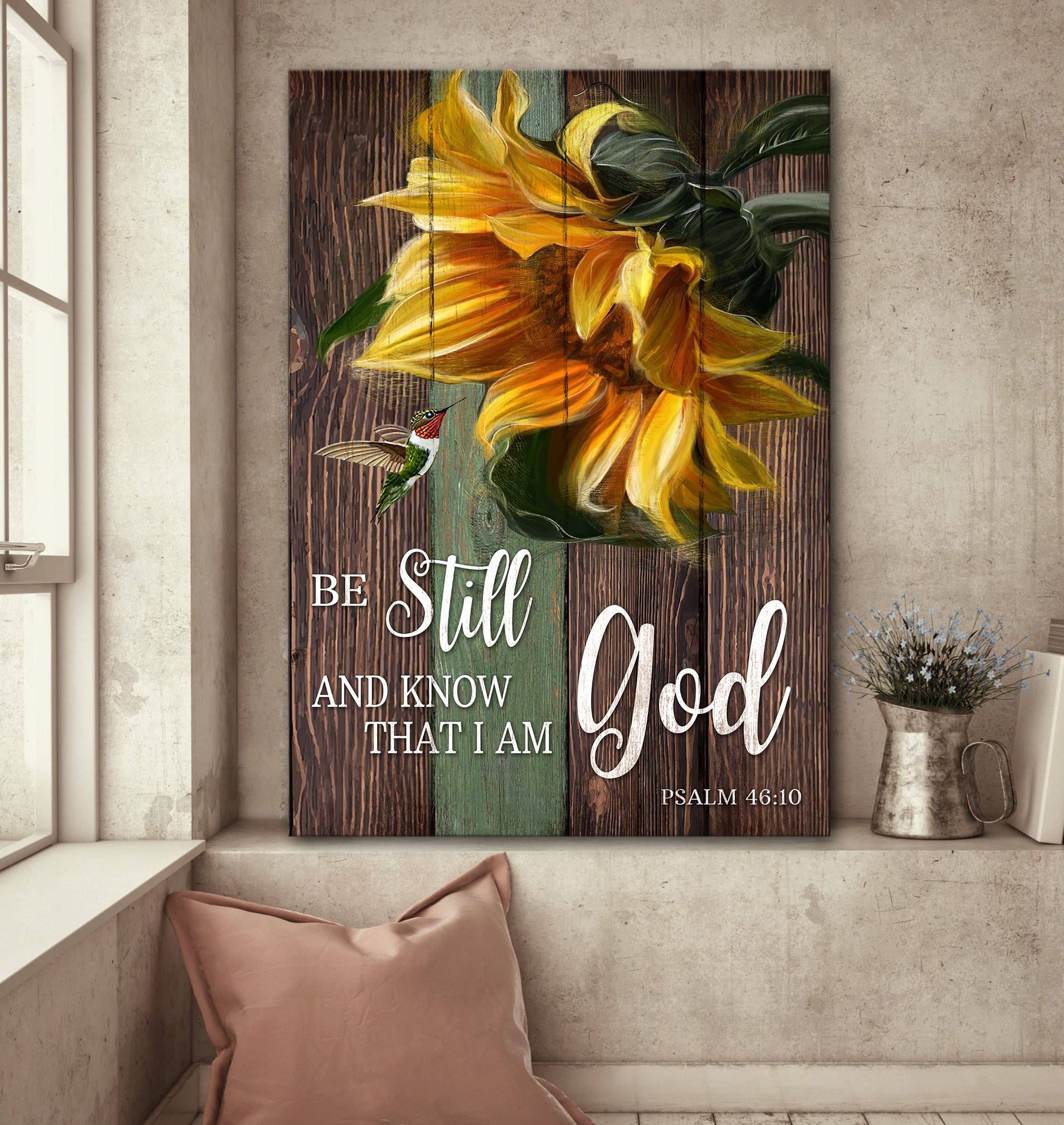 Sunflower, Hummingbird, Still Painting, Be still and know that I am God - Jesus Portrait Canvas Prints, Wall Art