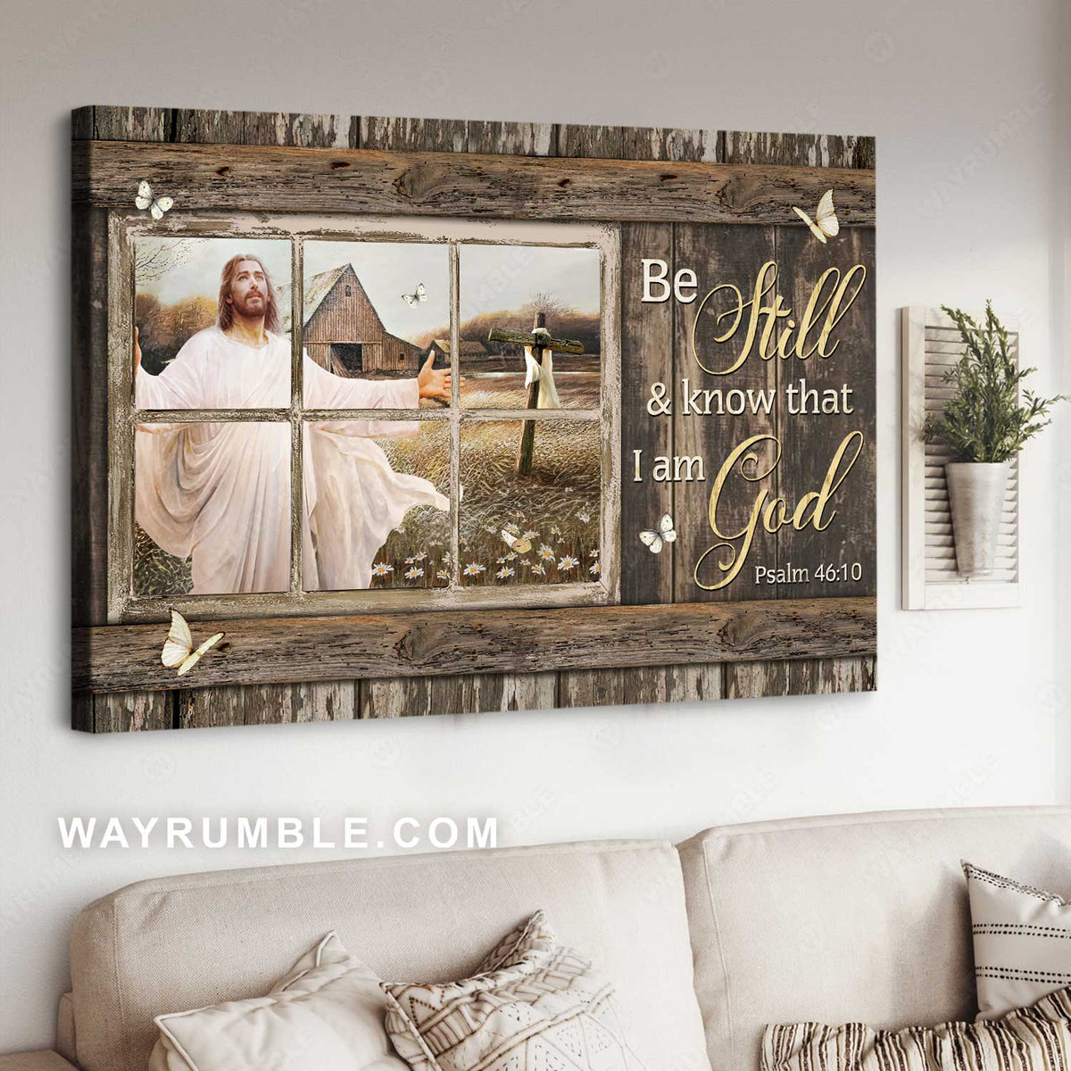 Jesus painting, Wooden cross, White butterfly, Be still and know that I am God - Jesus Landscape Canvas Prints, Christian Wall Art