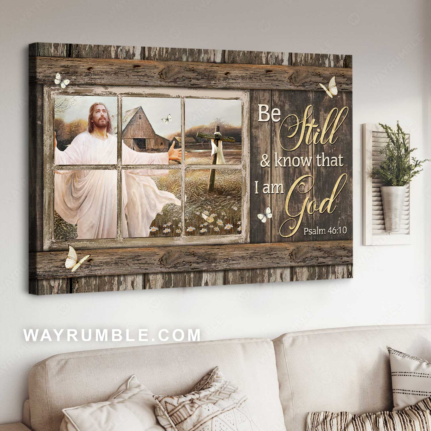 Jesus painting, Wooden cross, White butterfly, Be still and know that I am God - Jesus Landscape Canvas Prints, Christian Wall Art