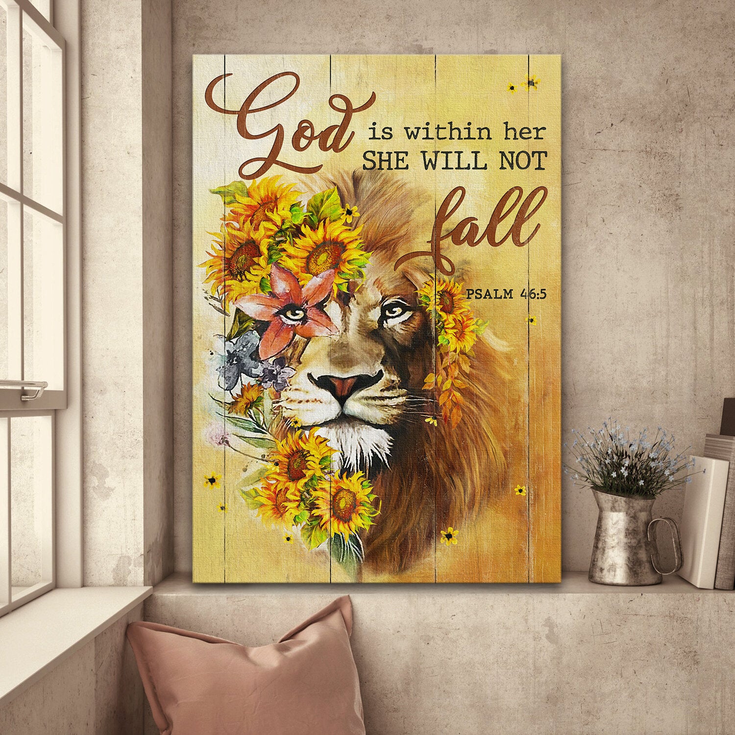Awesome Lion, Sunflower, God is within her she will not fall - Jesus Portrait Canvas Prints, Wall Art