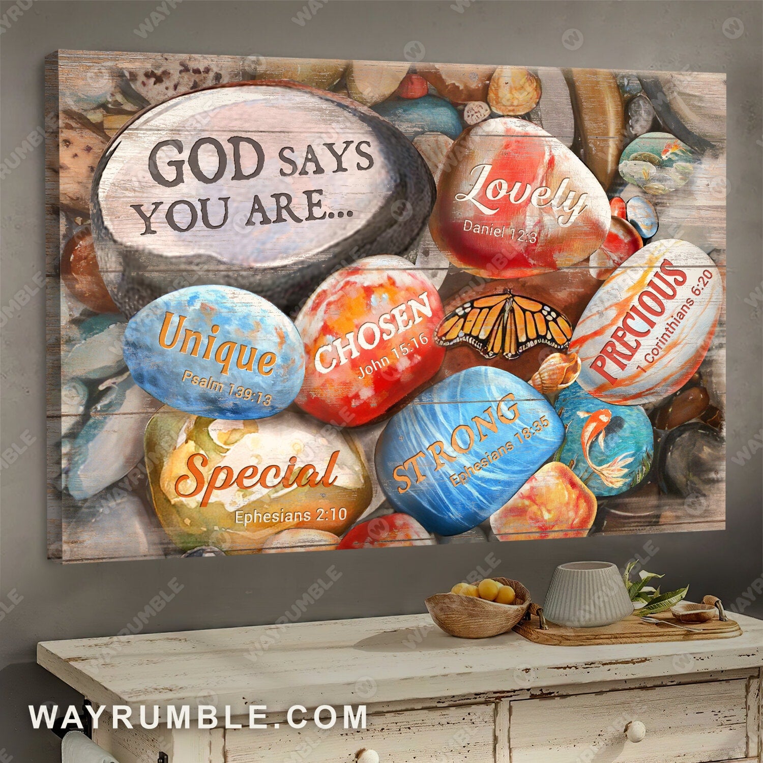 Colorful stones, butterfly, God says you are - Jesus Landscape Canvas Prints, Wall Art