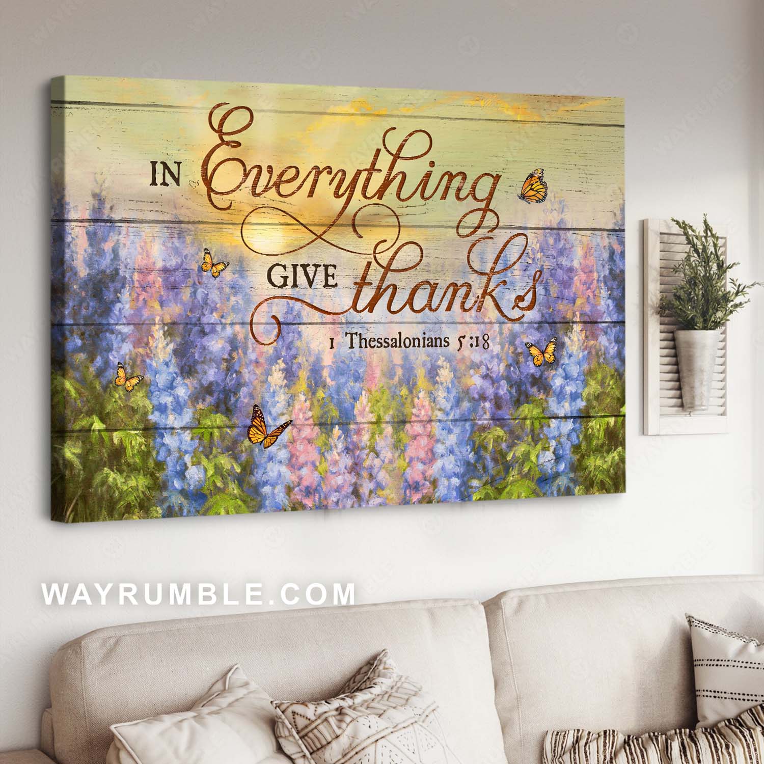 Beautiful morning, Lavender field, Monarch butterfly, In everything, give thanks - Jesus Landscape Canvas Prints, Home Decor Wall Art
