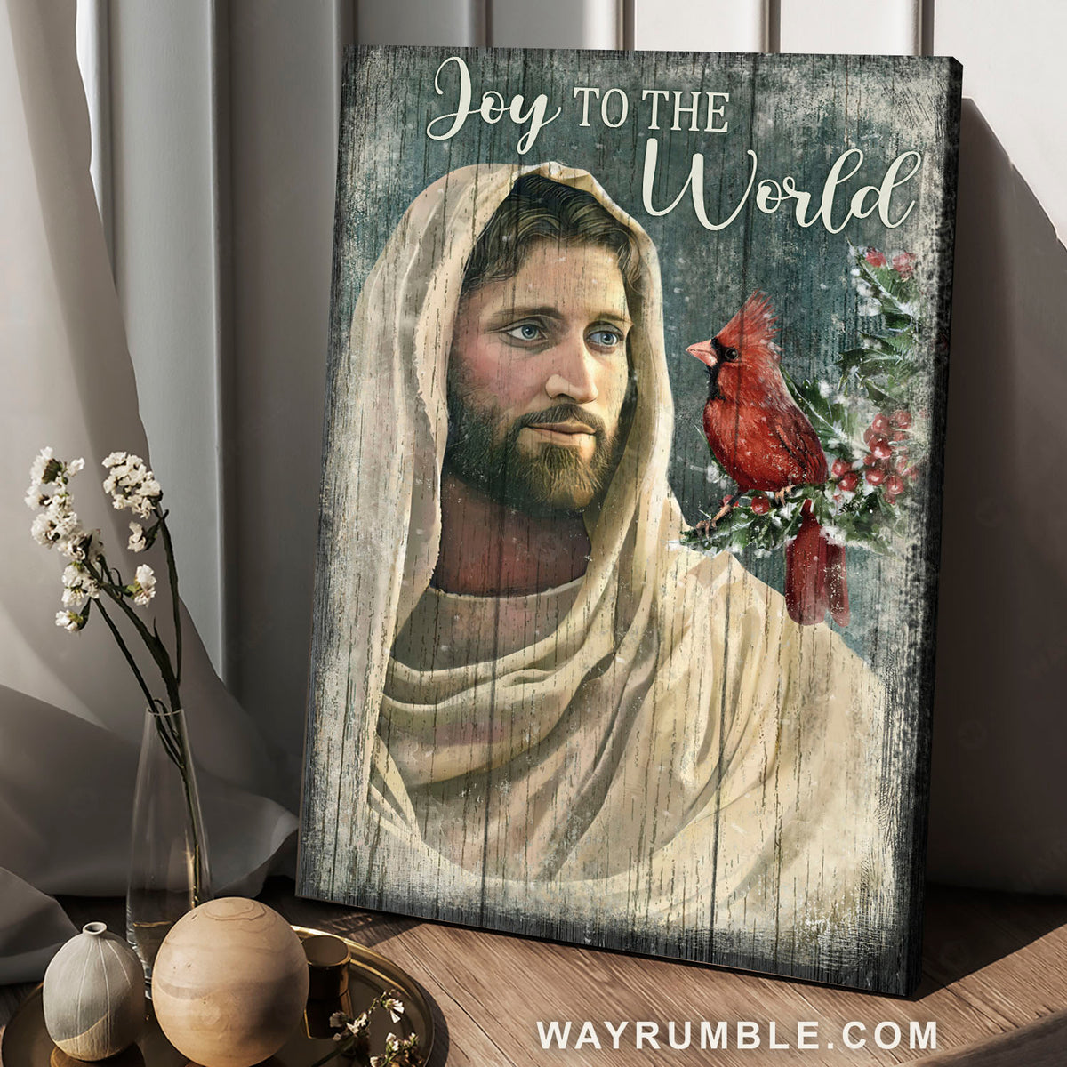 Cranberry tree, Red cardinal, Jesus painting, Joy to the world - Jesus Portrait Canvas Prints, Christian Wall Art
