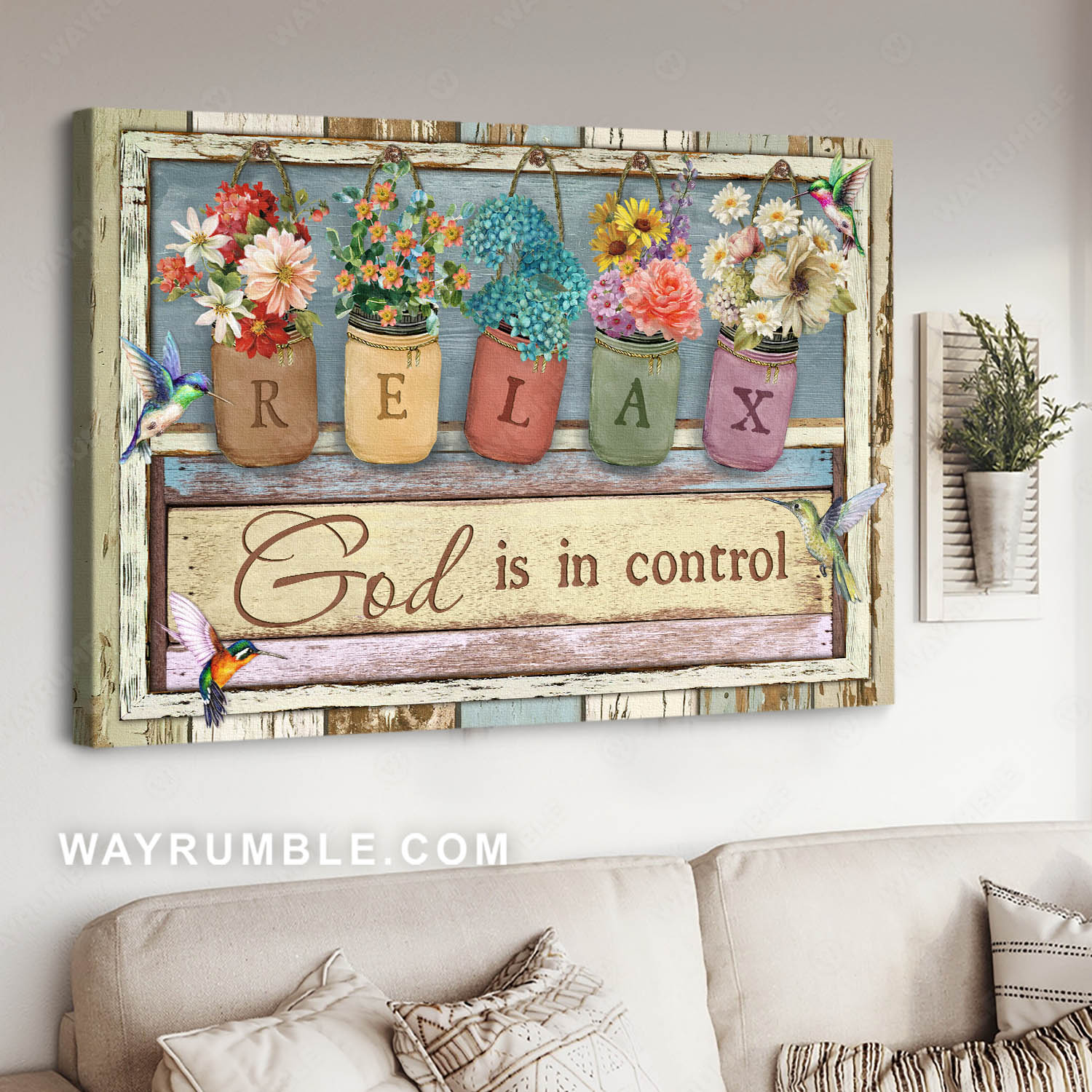 Abstract hummingbirds, Watercolor flower jars, Vintage painting, God is in control - Jesus Landscape Canvas Prints, Home Decor Wall Art