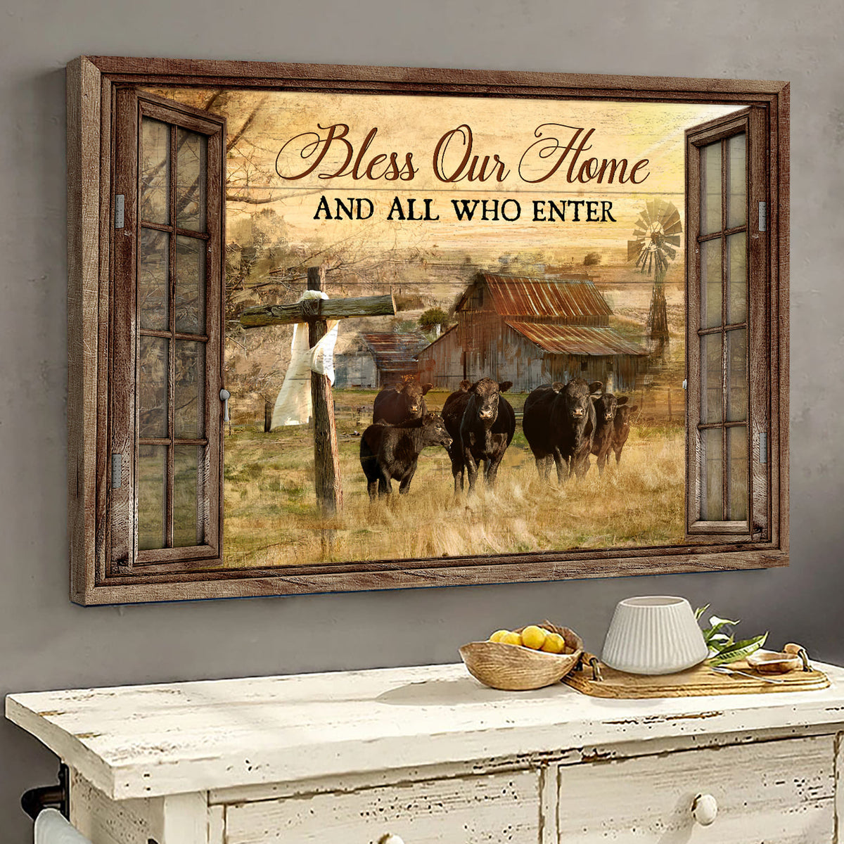 Jesus, Cow, tranquil farm - Bless on home who are enter Landscape Canvas Prints, Wall Art