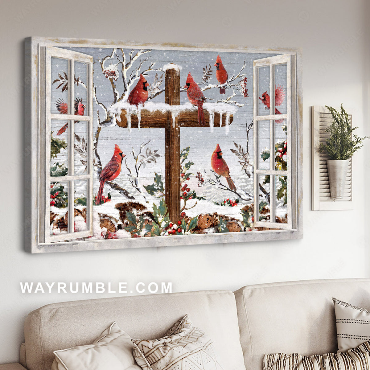 Amazing red cardinal, Wooden cross, Cranberry tree, Beautiful snowfall - Jesus Landscape Canvas Prints, Home Decor Wall Art