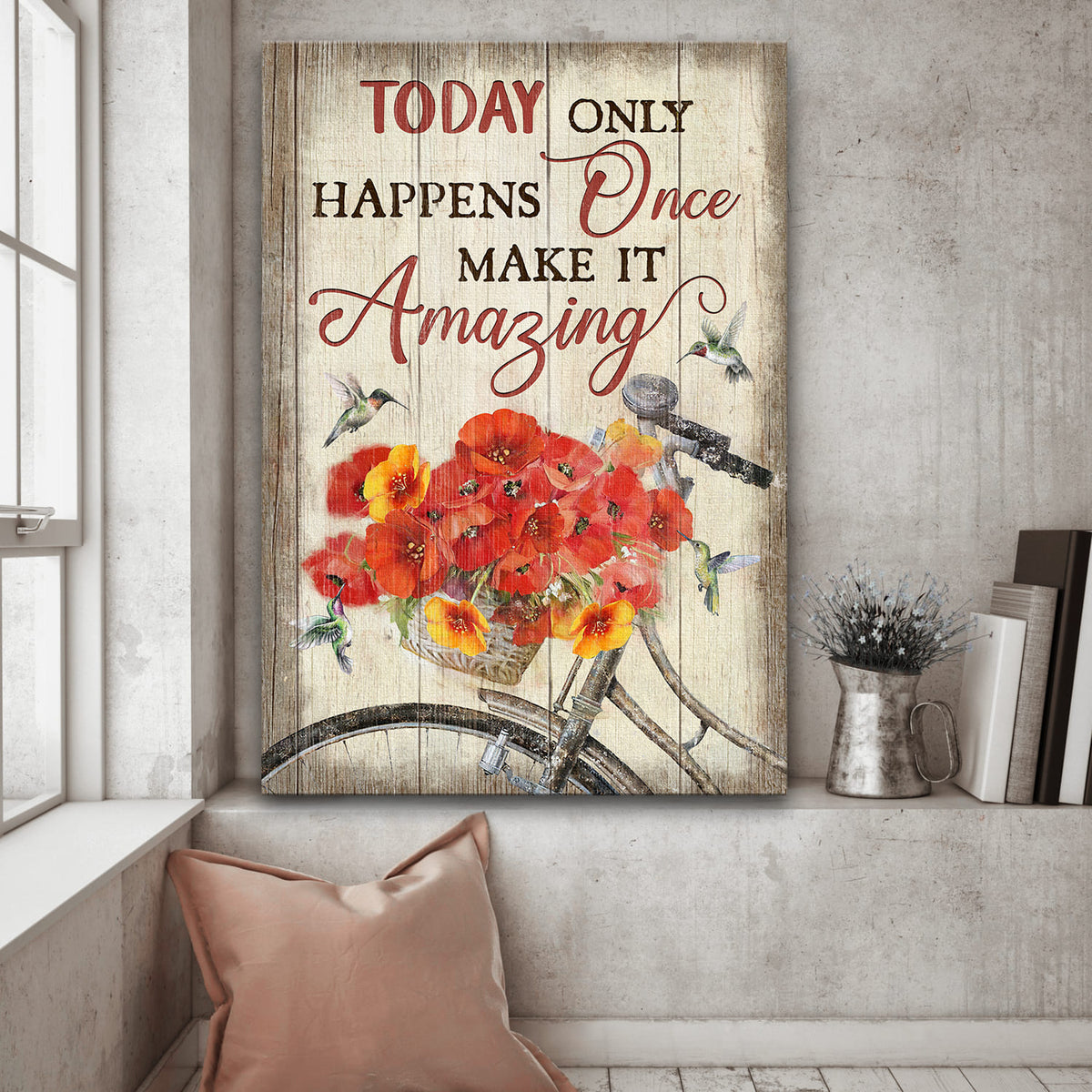 Poppy bicycle, Hummingbird, Today only happens once make it amazing - Jesus Portrait Canvas Prints, Wall Art
