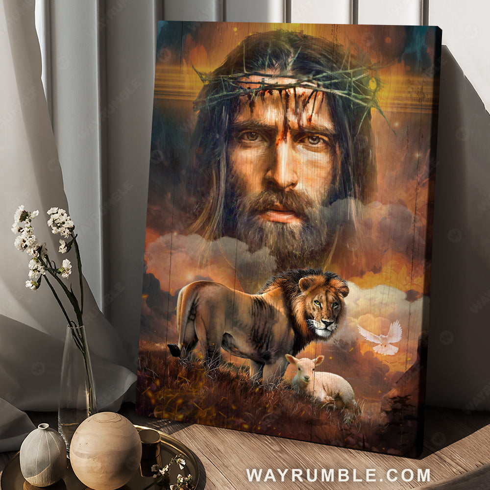 Abstract Jesus painting, Lion of Judah, Lamb of God, Holy spirit Dove - Jesus Portrait Canvas Prints, Christian Wall Art