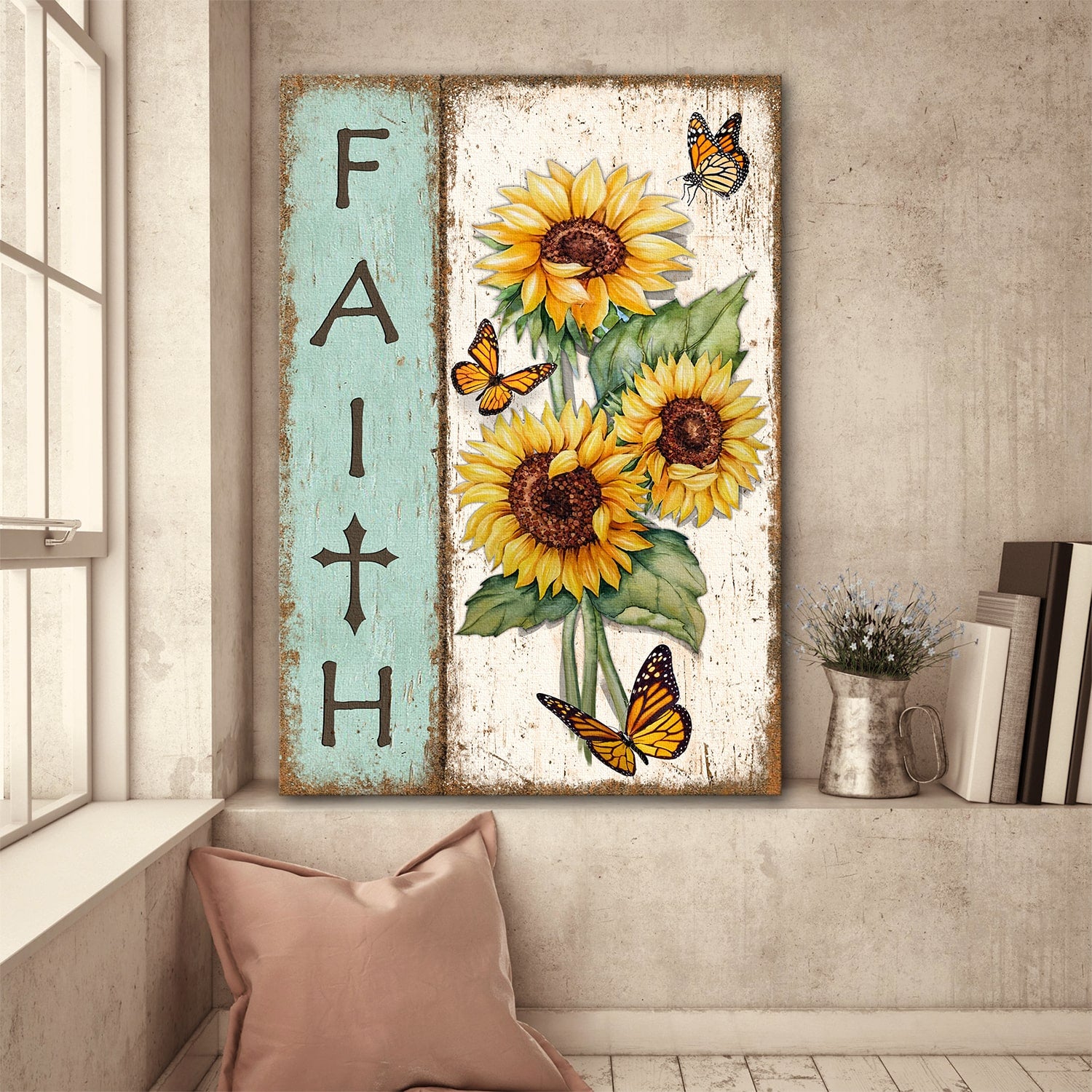 Orange butterfly, Sunflower drawing, Faith - Jesus Portrait Canvas Prints, Wall Art